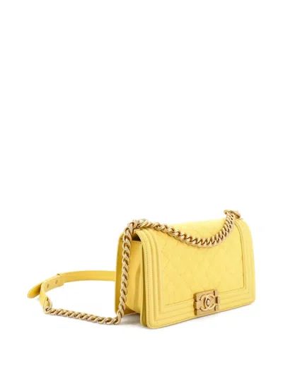 Pre-owned Chanel Boy Flap Bag Quilted Calfskin Old Medium Shoulder Bag In Yellow