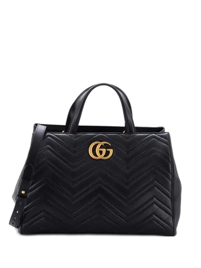 Pre-owned Gucci Gg Marmont Matelasse Leather Medium Tote Bag In Black