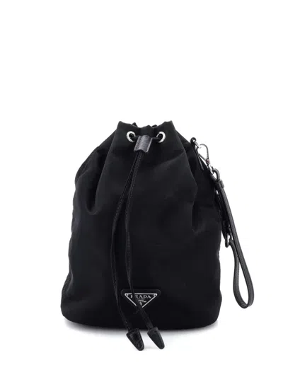 Pre-owned Prada Drawstring Wristlet Tessuto Small Bucket Bag In Black