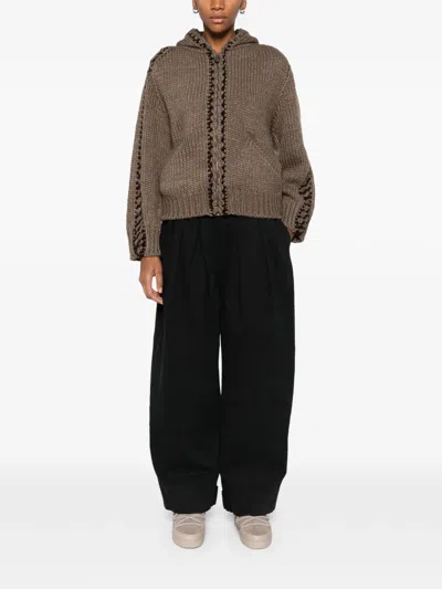 Open Yy Stitch Zip-up Hooded Cardigan In Brown