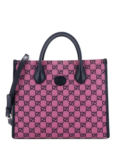 Pre-owned Gucci Structured Top Handle Open Tote Gg Canvas Small Shoulder Bag In Blue