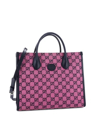 Pre-owned Gucci Structured Top Handle Open Tote Gg Canvas Small Shoulder Bag In Blue