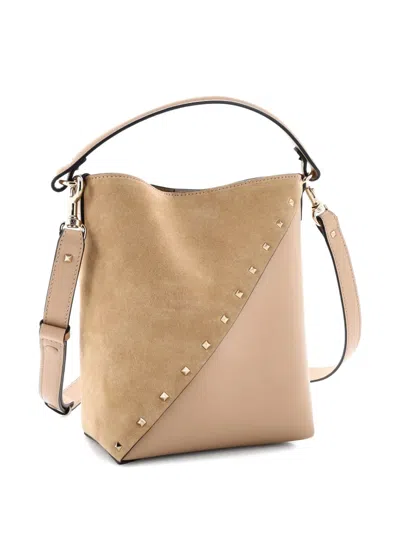 Pre-owned Valentino Garavani Rockstud Wispy Leather And Suede Small Bucket Bag In Neutral