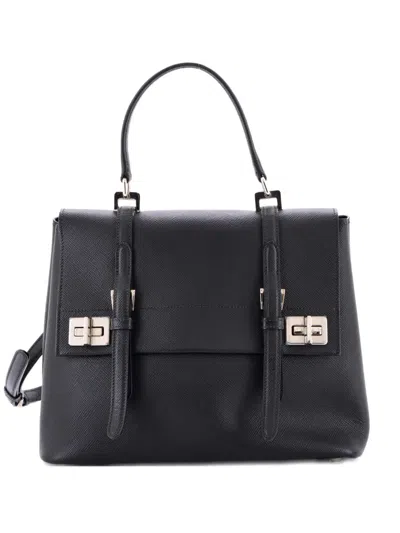 Pre-owned Prada Half Flap Double Turn Lock Saffiano Leather Medium Satchel In Black