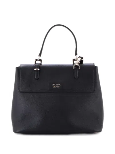 Pre-owned Prada Half Flap Double Turn Lock Saffiano Leather Medium Satchel In Black