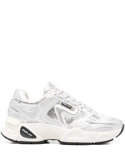 Replay Leather Panelled Trainers In Silver