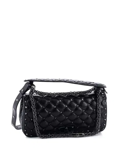 Pre-owned Valentino Garavani Rockstud Spike Full Flap Quilted Leather Medium Shoulder Bag In Black