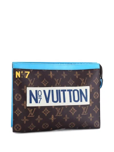 Pre-owned Louis Vuitton Pochette Voyage No.7 Trunk L'oeil Vintage Monogram Canvas Mm Clutch Bag In Blue