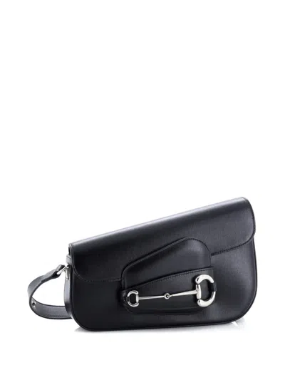 Pre-owned Gucci Horsebit 1955 Asymmetric Leather Small Shoulder Bag In Black