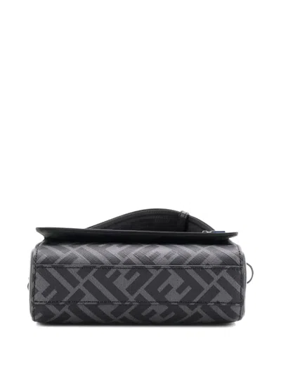 Pre-owned Fendi Ff Squared Compact Bag Zucca Coated Canvas And Leather Shoulder Bag In Black