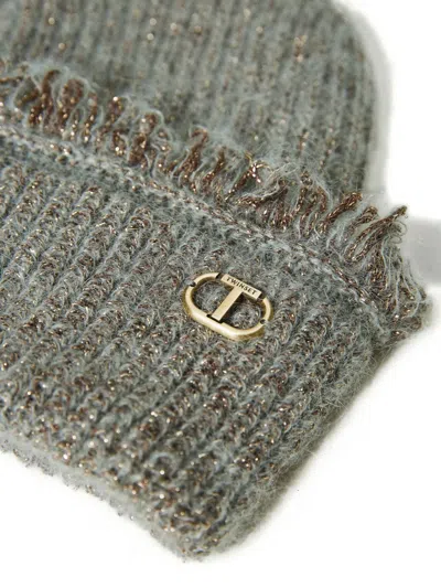 Twinset Metallic-thread Frayed Beanie In Gray
