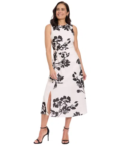 London Times Petite Side Ruche Printed Midi Dress In White