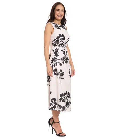 London Times Petite Side Ruche Printed Midi Dress In White