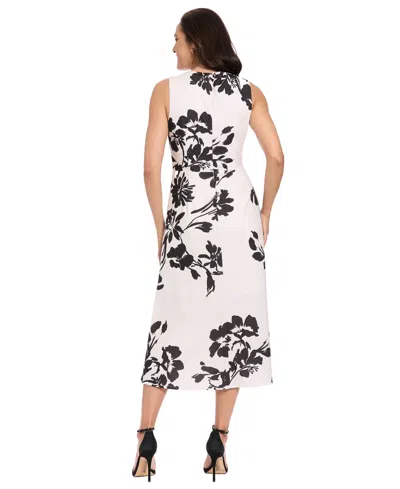 London Times Petite Side Ruche Printed Midi Dress In White