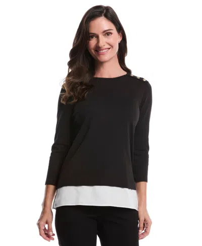 Rafaella Petite Rivet Detail Mixed Media Layered 3/4 Sleeve Top In Black