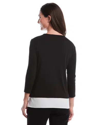 Rafaella Petite Rivet Detail Mixed Media Layered 3/4 Sleeve Top In Black