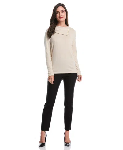 Rafaella Petite Split Collar Long Sleeve Top In Neutral