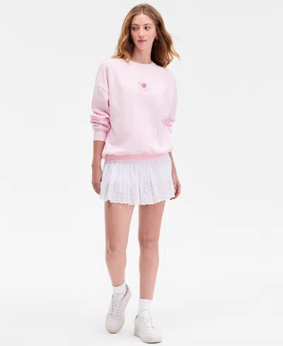 Just Polly Juniors' Long-sleeve Beaded Crewneck Sweatshirt In Red