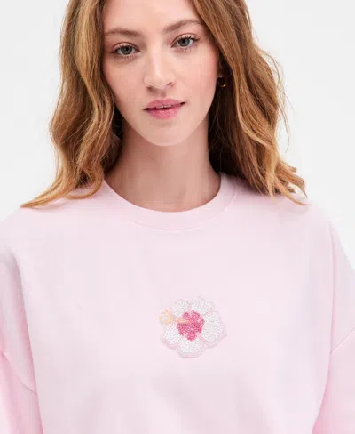 Just Polly Juniors' Long-sleeve Beaded Crewneck Sweatshirt In Red