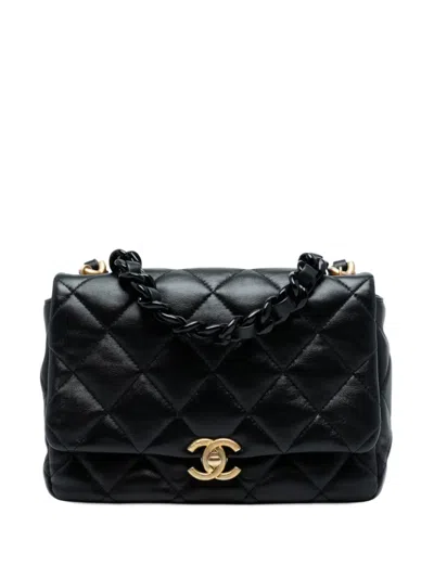 Pre-owned Chanel 2021-2025 Mini Quilted Lambskin Lacquered Chain Flap Crossbody Bag In Black