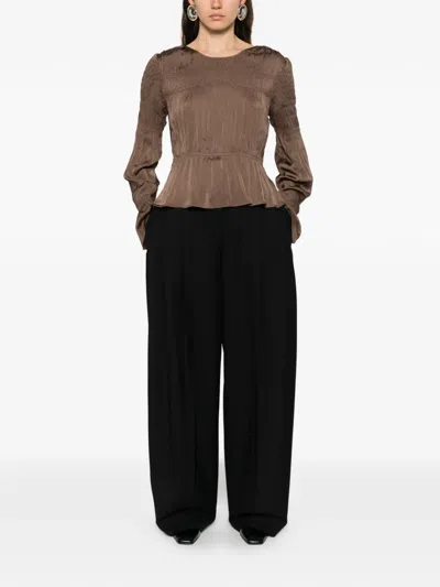 By Malene Birger Smocked-effect Long-sleeve Blouse In Brown