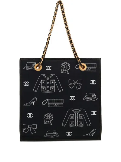 Pre-owned Chanel 2003 Icon Canvas Tote Bag In Black