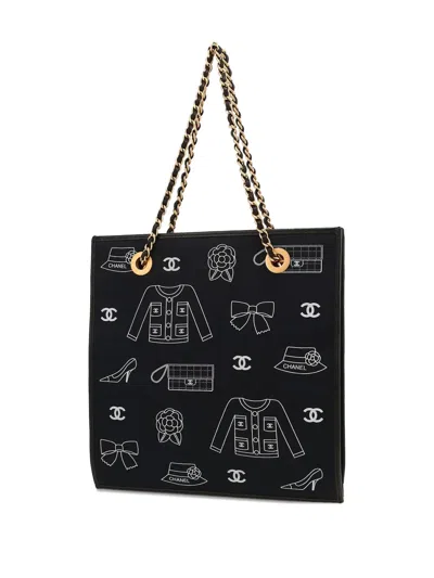 Pre-owned Chanel 2003 Icon Canvas Tote Bag In Black