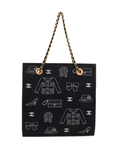 Pre-owned Chanel 2003 Icon Canvas Tote Bag In Black