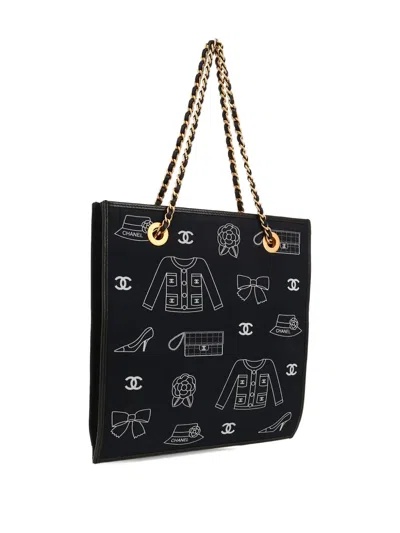 Pre-owned Chanel 2003 Icon Canvas Tote Bag In Black