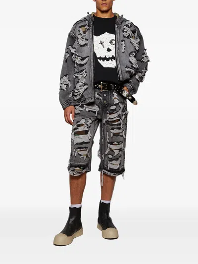 Thug Club Hell Denim Ripped Hooded Denim Jacket In Gray