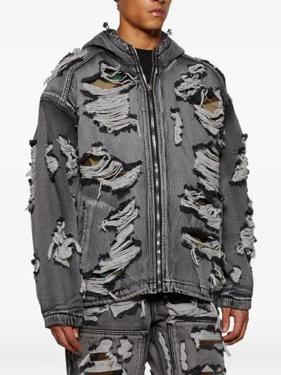 Thug Club Hell Denim Ripped Hooded Denim Jacket In Gray