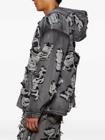 Thug Club Hell Denim Ripped Hooded Denim Jacket In Gray