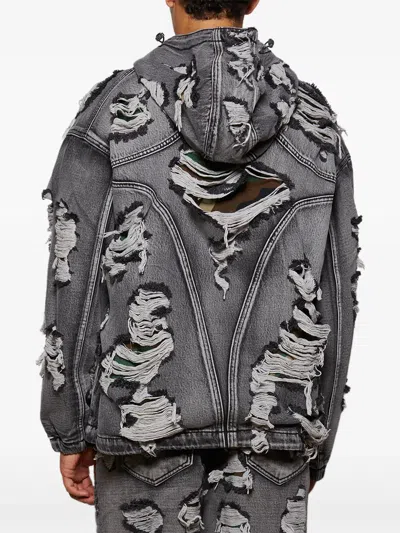 Thug Club Hell Denim Ripped Hooded Denim Jacket In Gray