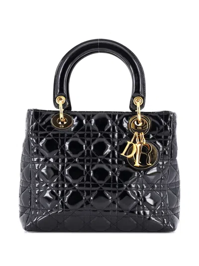 Pre-owned Dior Vintage Lady  Bag Cannage Quilt Patent Medium Satchel In Black