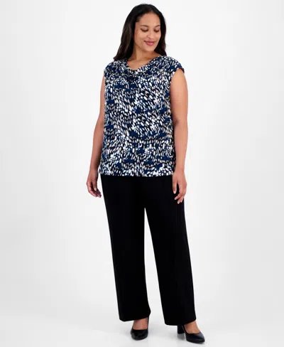 Anne Klein Plus Size Printed Cowl-neck Sleeveless Blouse In Blue