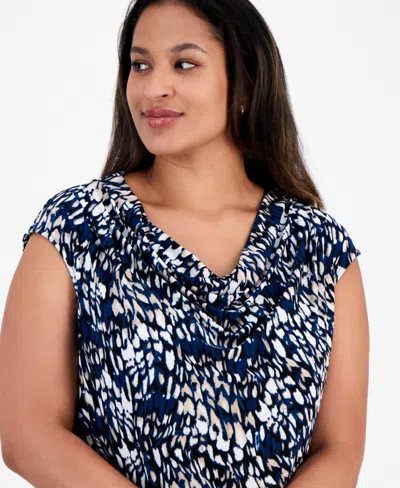 Anne Klein Plus Size Printed Cowl-neck Sleeveless Blouse In Blue