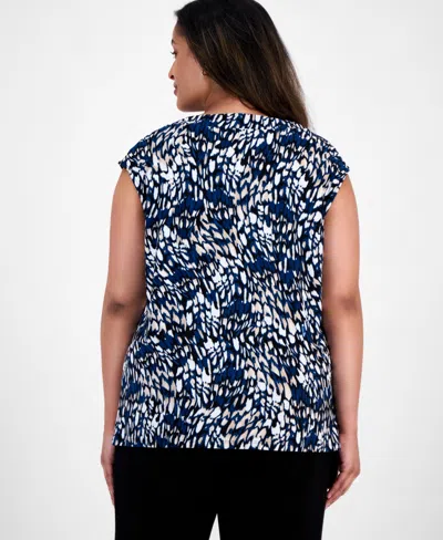 Anne Klein Plus Size Printed Cowl-neck Sleeveless Blouse In Blue