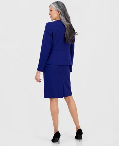 Le Suit Women's Collarless Zip-front Skirt Suit In Blue