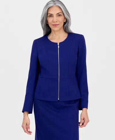 Le Suit Women's Collarless Zip-front Skirt Suit In Blue