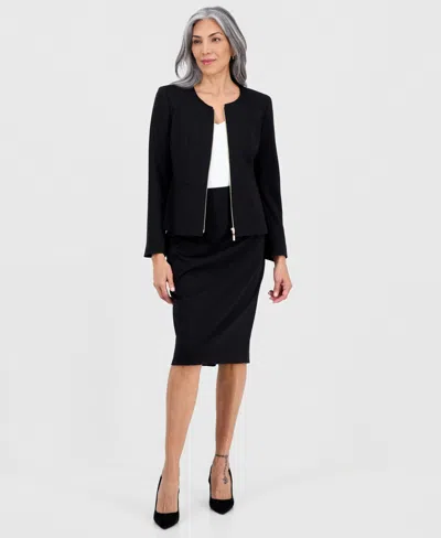 Le Suit Women's Collarless Zip-front Skirt Suit In Black
