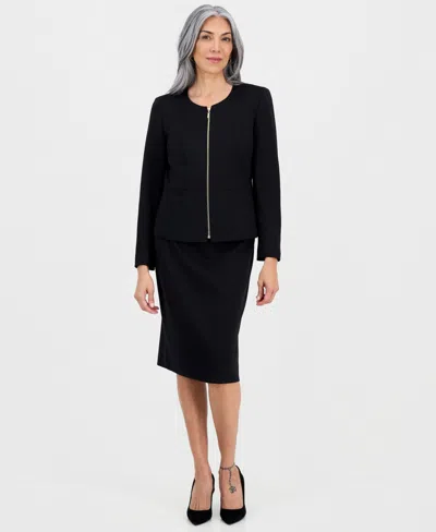 Le Suit Women's Collarless Zip-front Skirt Suit In Black