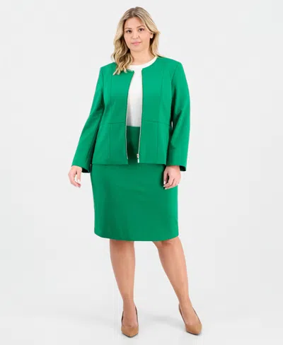Le Suit Plus Size Zip-front Jacket & Slim-fit Skirt In Green