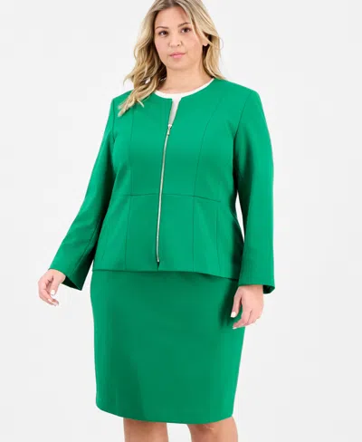 Le Suit Plus Size Zip-front Jacket & Slim-fit Skirt In Green