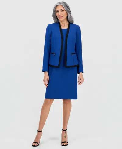 Le Suit Women's Collarless Open-front Jacket & Dress Set In Blue