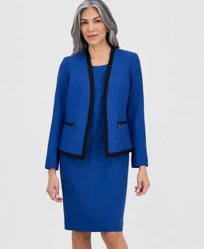Le Suit Women's Collarless Open-front Jacket & Dress Set In Blue