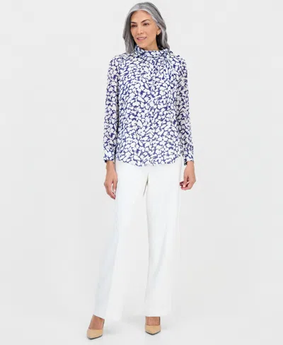 Kasper Women's Printed High-tie-neck Long-sleeve Blouse In Multi