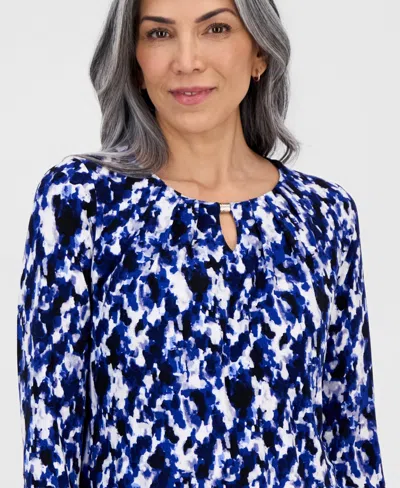 Kasper Women's Printed Pleat-neck 3/4-sleeve Top In Multi