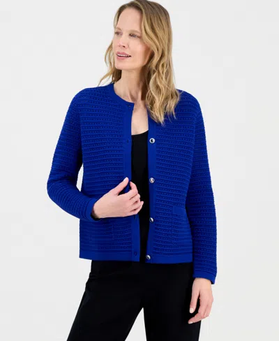 Kasper Pointelle Stitch Button-up Cardigan In Blue