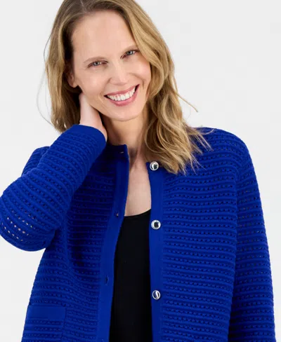 Kasper Pointelle Stitch Button-up Cardigan In Blue