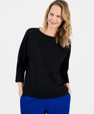 Kasper Women's Boat-neck Multi-stitch Dolman-sleeve Sweater In Black